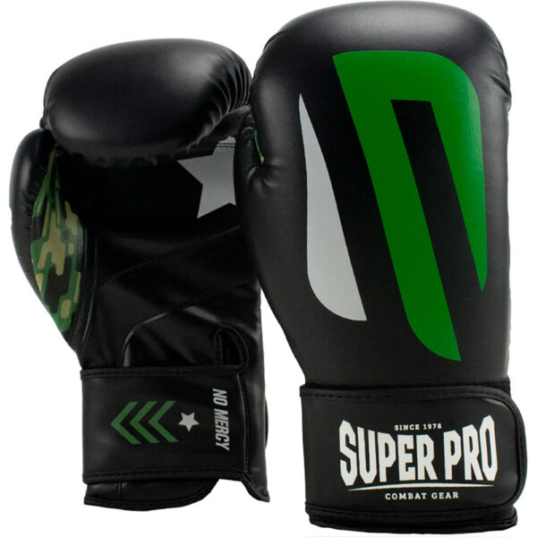 Super Pro Combat Gear Boxing Gloves PU No Mercy Black Green Silver1
